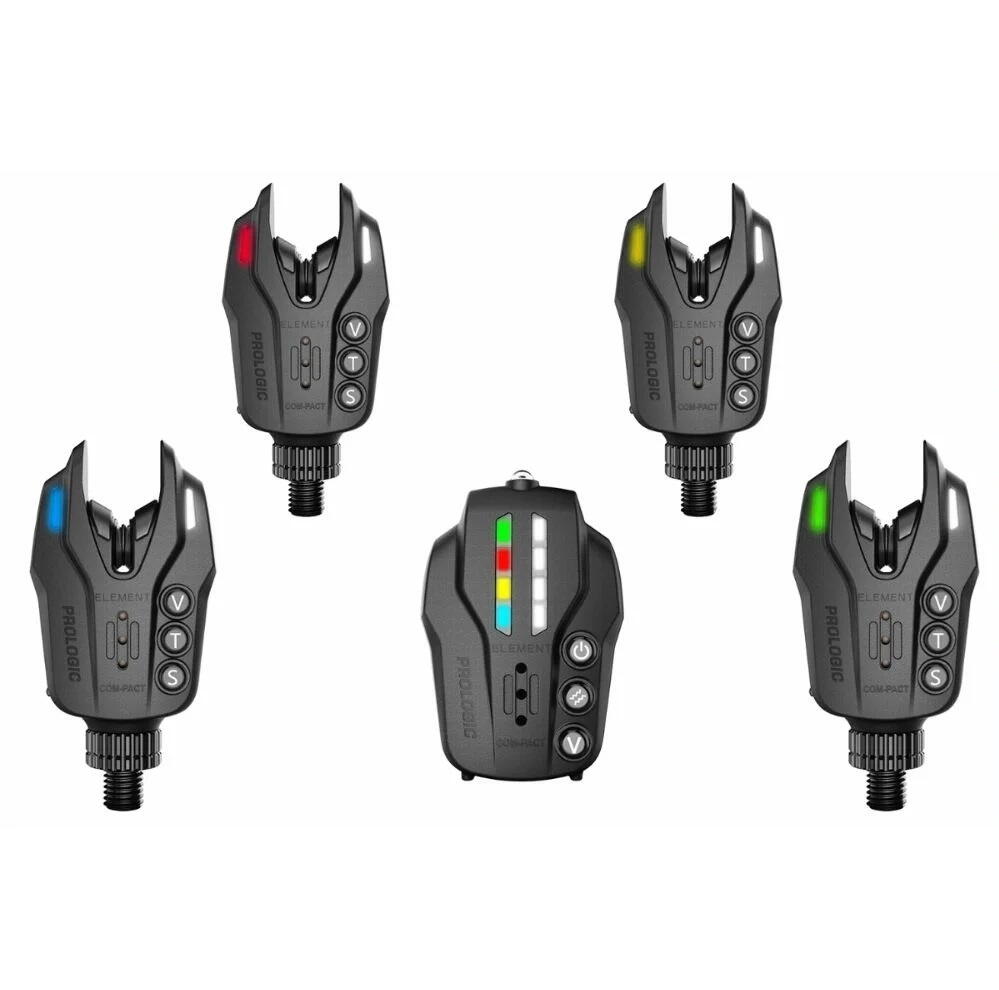 Set senzori crap Prologic Element Com-Pact 4+1, alarmă electronică, receptor, LED multicolor, volum și sensibilitate reglabilă