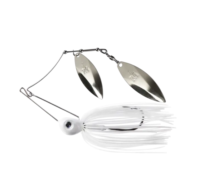 Spinnerbait Mustad Arm Lock 14g, culoare pearl white, cârlig UltraPoint 3/0, palete salcie aurii, skirt silicon