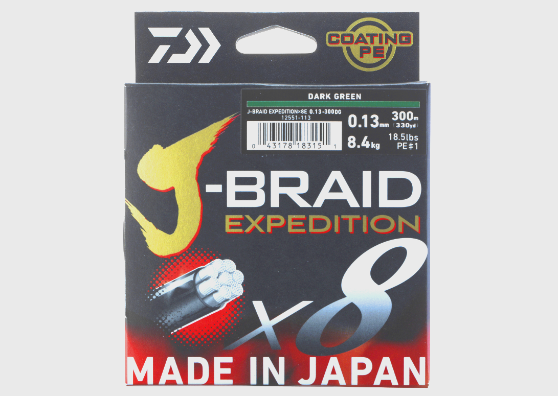 Fir monofilament spinning Daiwa J-Braid Expedition X8E 0.20mm 16kg 150m verde
